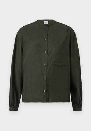 Dark green button-up shirt with a mandarin collar, long sleeves, chest pocket, and smooth, textured fabric.
