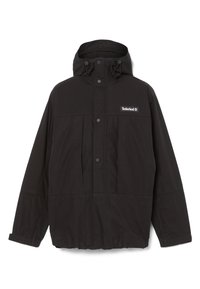 Svart vattentät jacka med huva, tryckknappsstängning, två framfickor, elastisk nederkant och Timberland-logotyp på vänster bröst.