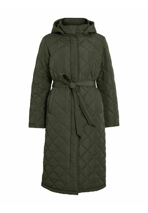 Quilted dark green long coat with a hood, belted waist, long sleeves, and side pockets, designed for cold weather.