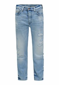 Jeans de mezclilla azul claros de corte recto, con detalles desgastados y desgarros en la parte delantera. Diseño clásico de cinco bolsillos y cierre de botón.