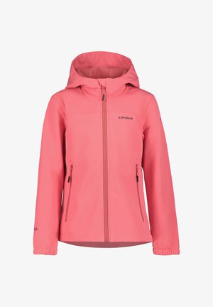 Giacca softshell rosa con cappuccio, zip frontale, polsini elastici e due tasche laterali. Presenta una texture liscia e una vestibilità regolabile.