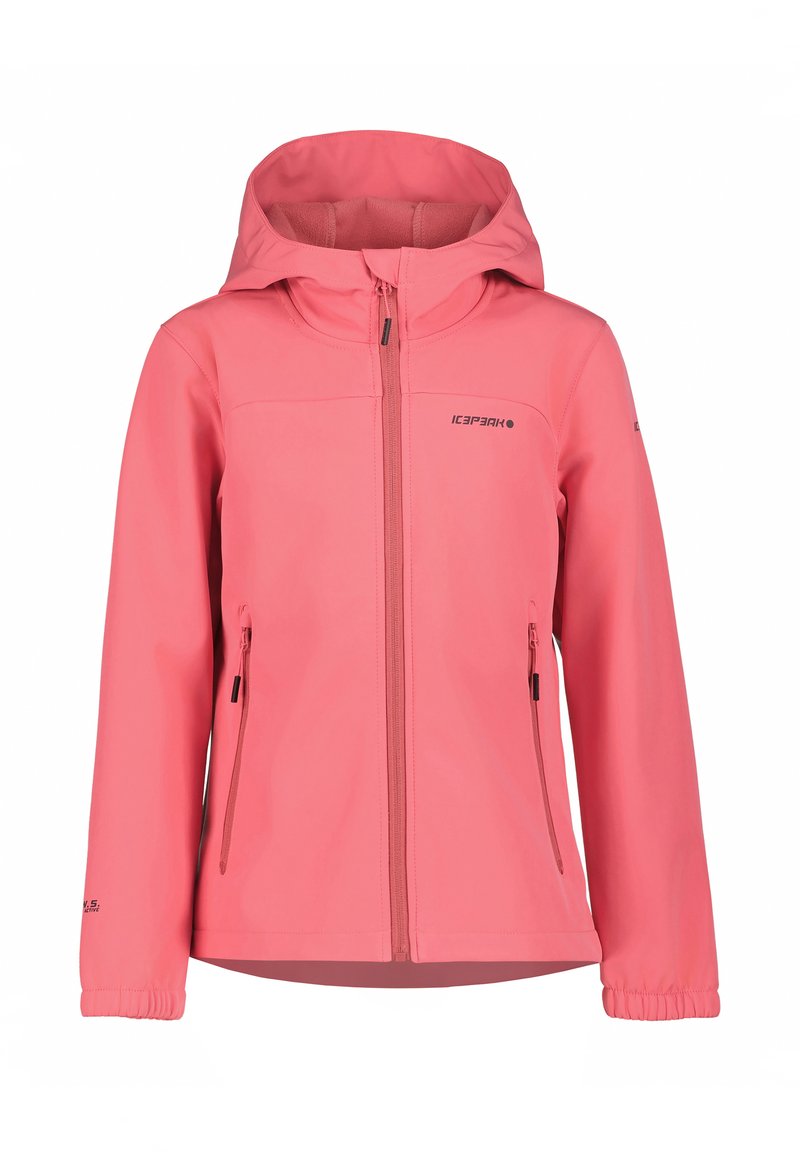 Roze softshell jack met een capuchon, ritssluiting aan de voorkant, elastische manchetten en twee zijzakken. Beschikt over een soepele textuur en een verstelbare pasvorm.
