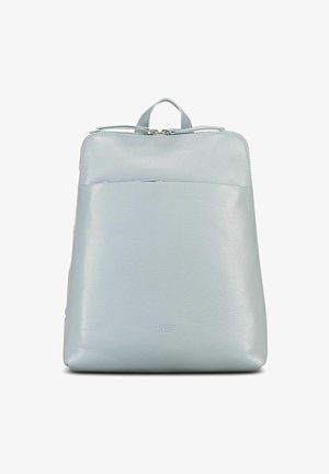 Sac à dos en cuir gris clair avec poignée supérieure, poche avant et fermeture à double zip.