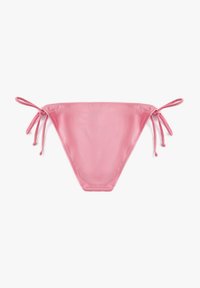 Różowy dół bikini o gładkiej fakturze, z regulowanymi wiązaniami po obu stronach oraz trójkątnym kształtem. Prosty, minimalistyczny design.