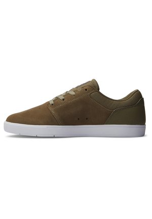 Brown suede sneakers with olive green accents, featuring a white rubber sole, lace-up design, and smooth texture.