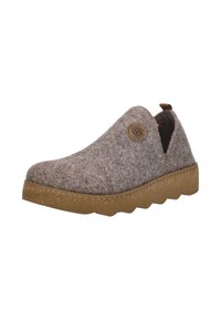 Grijze slip-on schoen van stof met een bruine rubberen zool. Bevat een ronde logo-patch en een open bovenkant ontwerp met zijuitsparingen voor ademend vermogen.