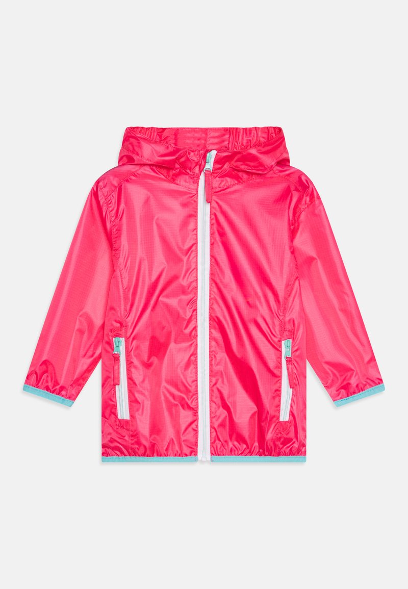 Rožinė lengva lietpaltis su gobtuvu, su priekiniais užtrauktukais ir dviem šoninėmis kišenėmis. Papuoštas šviesiai mėlyna apdaila.