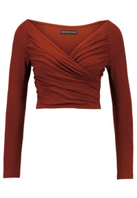 Rostfarbener Langarm-Crop-Top mit tiefem V-Ausschnitt und Raffungen auf der Vorderseite. Hergestellt aus einem weichen, dehnbaren Stoff.