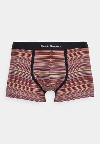 Boxers pour hommes à rayures multicolores de rouge, jaune et violet, dotés d'une ceinture noire avec le logo "Paul Smith". Matériau en mélange de coton.