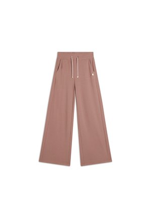 Pantaloni a gamba larga in morbido tessuto mauve tenue. Presentano una vita elasticizzata con cordoncino, due tasche laterali e un piccolo dettaglio con logo.