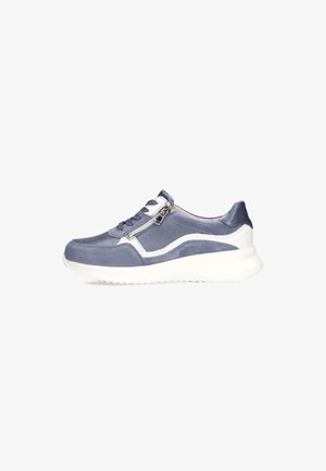 Low-top blue sneaker with white sole, side zipper, navy laces, and white wave detail on the side.