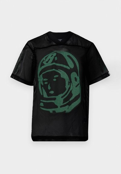 Camiseta preta em malha com mangas curtas, apresentando um gráfico verde da face de um astronauta na parte da frente. Leve e com um design de decote em V.