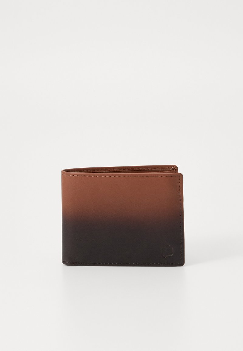 Dark brown leather wallet with an ombre transition to a lighter brown. Features clean lines, minimal stitching, and embossed logo accent.