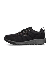 Scarpa da hiking nera con tomaia in tessuto testurizzato, punta in gomma di supporto, sei occhielli metallici e suola robusta per trazione.