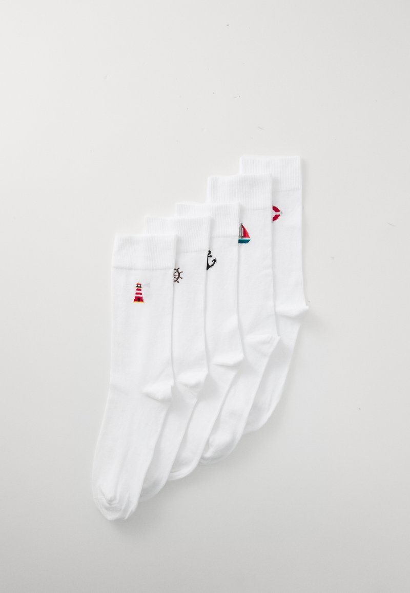 Five pairs of white cotton socks featuring colorful nautical-themed embroidery: a lighthouse, anchor, ship's wheel, sailboat, and fish.