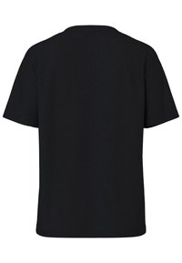 T-shirt noir à manches courtes, en coton, doté d'un col rond et d'un dos sans coutures, avec une texture lisse et sans motifs visibles.