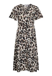 Vestido cruzado con estampado de leopardo en tonos canela, negro y crema. Mangas cortas y detalle de lazo en la cintura. Hecho de tela texturizada con dobladillo fluido.