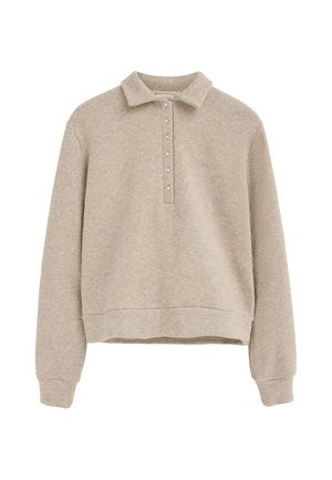 Beiger Langarm-Pullover mit Kragen und vorderer Knopfleiste, hergestellt aus einem weichen, texturierten Stoff.