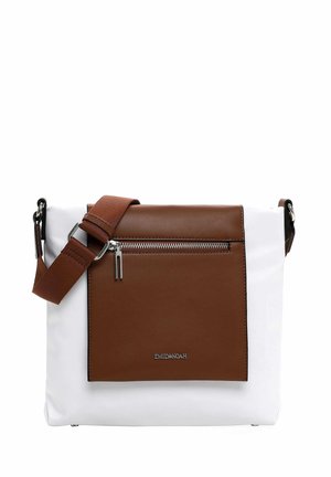 White messenger bag with brown leather flap, zippered pocket, and brown adjustable strap. Features metallic hardware and embossed logo.