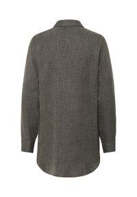 Camicia lunga grigia, con texture, caratterizzata da colletto e polsini abbottonati, orlo arrotondato e vestibilità rilassata.