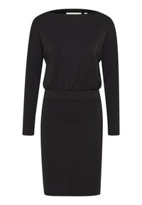 Robe noire cintrée à manches longues avec encolure ronde et détail à la taille, longueur genou, présentée sur fond blanc uni.
