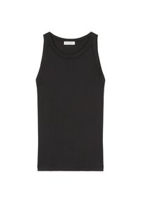 Canottiera nera in cotone con scollo rotondo, design senza maniche e cuciture piatte, caratterizzata da un'etichetta con logo sul collo.