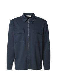 Veste à fermeture éclair bleu marine en tissu lisse, dotée d'un col, de deux poches poitrine et de manches longues pour un look structuré et décontracté.