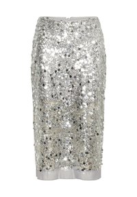 Silberner knielanger Bleistiftrock, bedeckt mit glänzenden Pailletten, mit einem Reißverschluss hinten und einem leicht dehnbaren Saum.