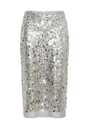 Gonna a tubino argento al ginocchio, ricoperta di paillettes lucenti con una cerniera posteriore e un orlo leggermente elasticizzato.