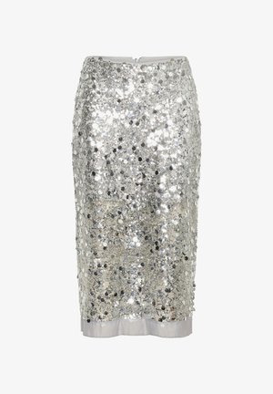 Gonna a tubino argento al ginocchio, ricoperta di paillettes lucenti con una cerniera posteriore e un orlo leggermente elasticizzato.