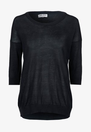 Schwarzer, gestrickter Pullover mit rundem Ausschnitt, Dreiviertelärmeln und lässiger Passform. Verfügt über gerippte Bündchen und einen gerippten Saum.