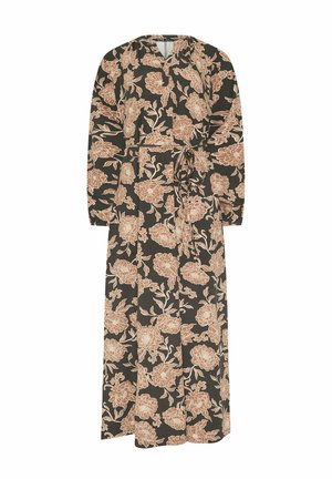 Langes Blumenmusterkleid aus dunklem Stoff mit einem cremefarbenen und pfirsichfarbenen Blumenmuster, V-Ausschnitt, langen Ärmeln und einem gebundenen Taillendetail.