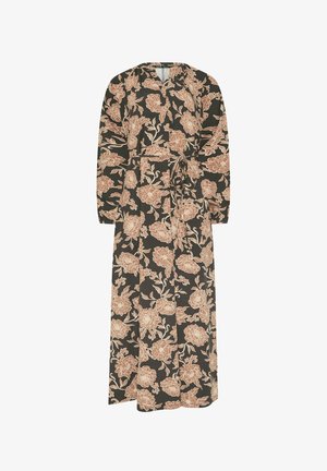 Langes Blumenmusterkleid aus dunklem Stoff mit einem cremefarbenen und pfirsichfarbenen Blumenmuster, V-Ausschnitt, langen Ärmeln und einem gebundenen Taillendetail.