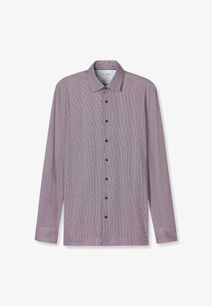 Langarm-Hemd mit Knopfleiste im karierten Muster, bestehend aus weinroten und weißen Tönen, mit klassischem Kragen und dunklen Knöpfen.