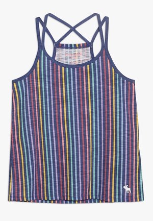 Sleeveless tank top with multicolored vertical stripes and crisscross straps at the back, featuring a small animal logo near the hem.