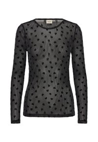 Sort langærmet top lavet af gennemsigtigt stof med hjerte mønster, rund halsudskæring og ribbet tekstur. Ingen synlige lukninger eller udsmykninger.