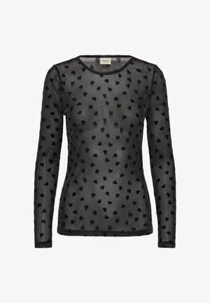 Must mustriga mustriga topp, millel on süda muster, ümar kaelus ja soonikuline tekstuur. Ilma nähtavate kinnituste või kaunistusteta.