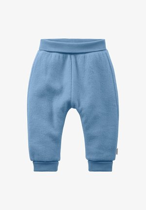 Zachte blauwe fleece babypantoffels met elastische tailleband en boorden, ontworpen voor warmte en comfort.