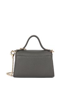 Grijze leren handtas met een gestructureerd ontwerp, een bovenhandvat en een gouden kettingband. Kenmerkend zijn de textuur en de gestikte accenten.