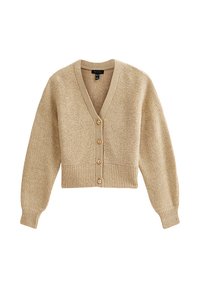Cardigan cropped beige con scollo a V, orlo a coste e maniche lunghe. Presenta cinque bottoni dorati lungo la parte frontale. Realizzato in morbido materiale a maglia.