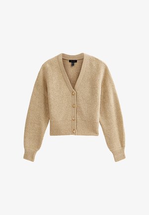 Beige cropped cardigan with a V-neck, ribbed hem, and long sleeves. Features five golden buttons down the front. Made from soft knit material.