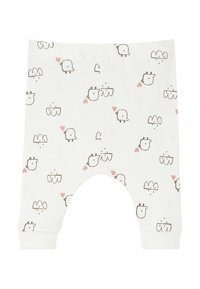 Weiße Baumwollshorts mit einem verspielten Muster aus cartoonhaften Vögeln und Formen in Braun und zartem Pink, ausgestattet mit einem elastischen Bund und umgeschlagenen Säumen.