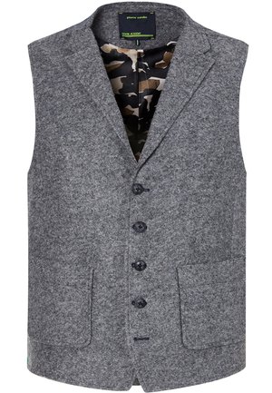 Graue Wollweste mit Knöpfen, Reverskragen mit Kerbe, zwei Fronttaschen und innenliegendem Futter im Tarnmuster.