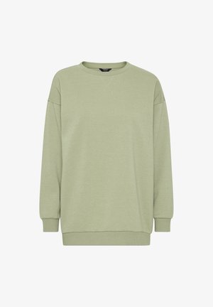 Sweatshirt vert en tissu doux, avec un col rond, des épaules tombantes et des poignets et ourlet côtelés. Design simple et uni.