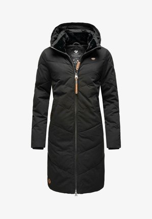 Schwarze gepolsterte Parka mit Kapuze, diagonal gestepptem Muster, Reißverschluss vorne, zwei Seitentaschen und einem Logo-Patch am Saum.