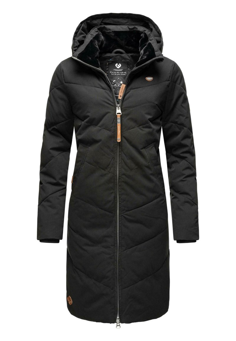 Parka imbottita nera con cappuccio, caratterizzata da un motivo a rombi in diagonale, chiusura frontale con zip, due tasche laterali e un badge con logo sull'orlo.