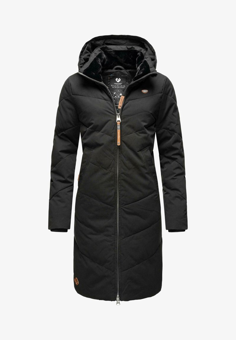 Parka imbottita nera con cappuccio, caratterizzata da un motivo a rombi in diagonale, chiusura frontale con zip, due tasche laterali e un badge con logo sull'orlo.