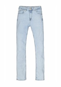 Jean en denim bleu clair avec une coupe droite, fermeture à bouton et fermeture éclair à l'avant, et design à cinq poches sur fond blanc.