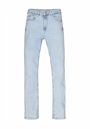 Lichtblauwe spijkerbroek met rechte pijpen, voorzijde met knoop- en ritssluiting en een ontwerp met vijf zakken, afgebeeld op een witte achtergrond.