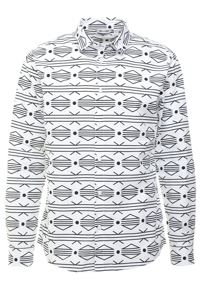 Camicia bianca a maniche lunghe con un motivo geometrico nero di diamanti, linee e cerchi. Presenta una chiusura con bottoni e colletto.